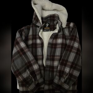 Elevani Kids Hooded Plaid Sherpa-Lined Pea Coat in Gray, Red Accents & Brown